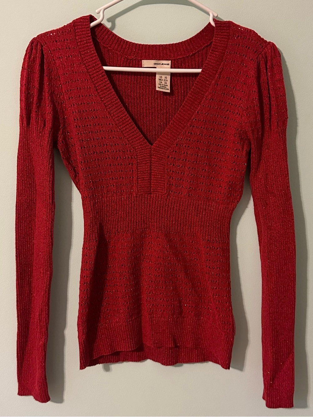 Dkny Red V-Neck Pointelle Knit Sweater